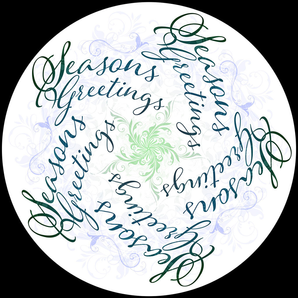 Greeting card graphic that says Seasons Greetings, repeated in a spiral pattern