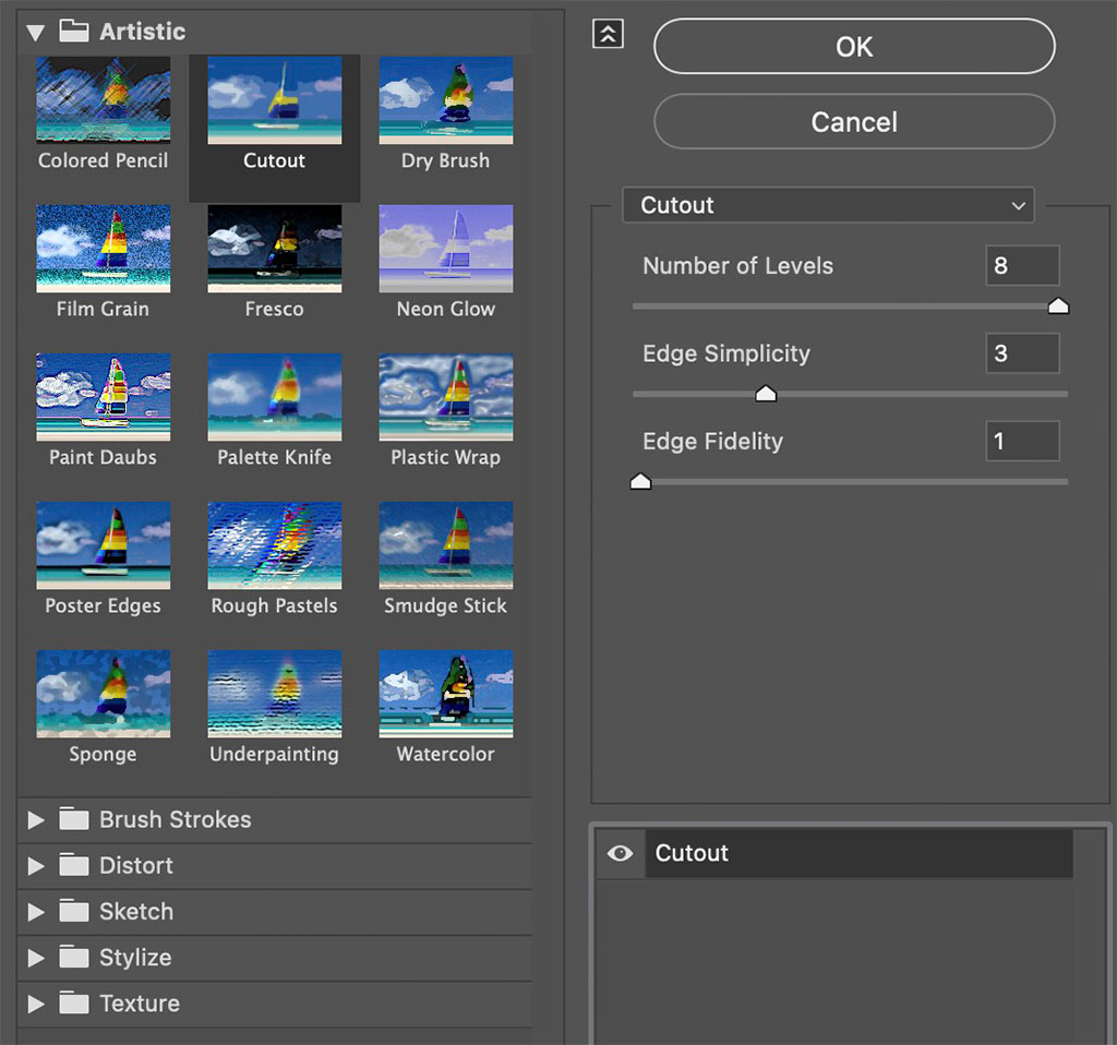 User interface view of the Cutout filter in Photoshop
