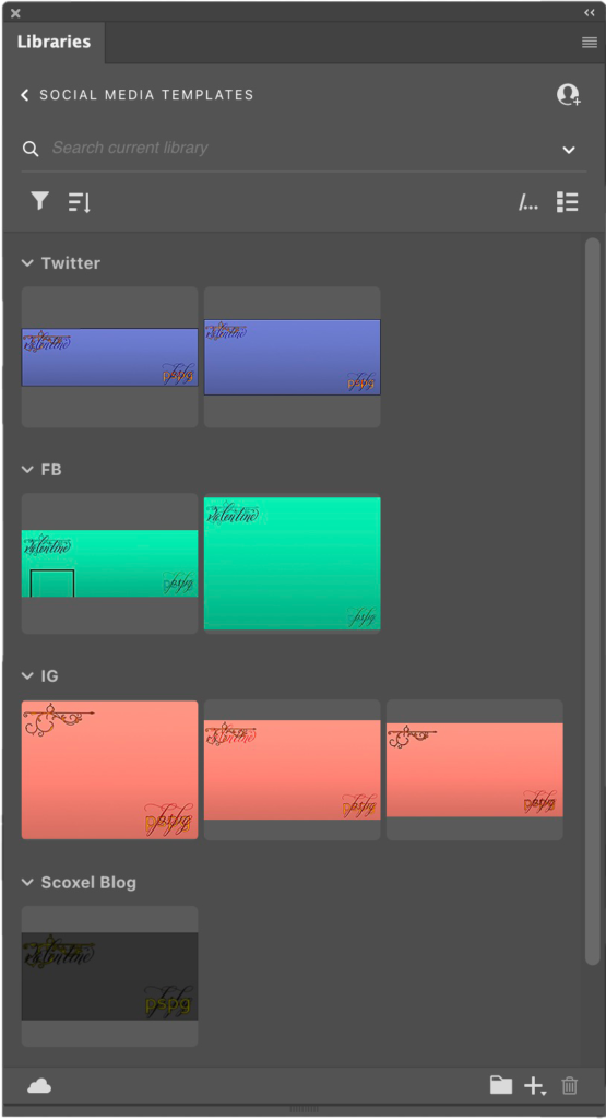 Screenshot of Photoshop Libraries panel showing social media templates