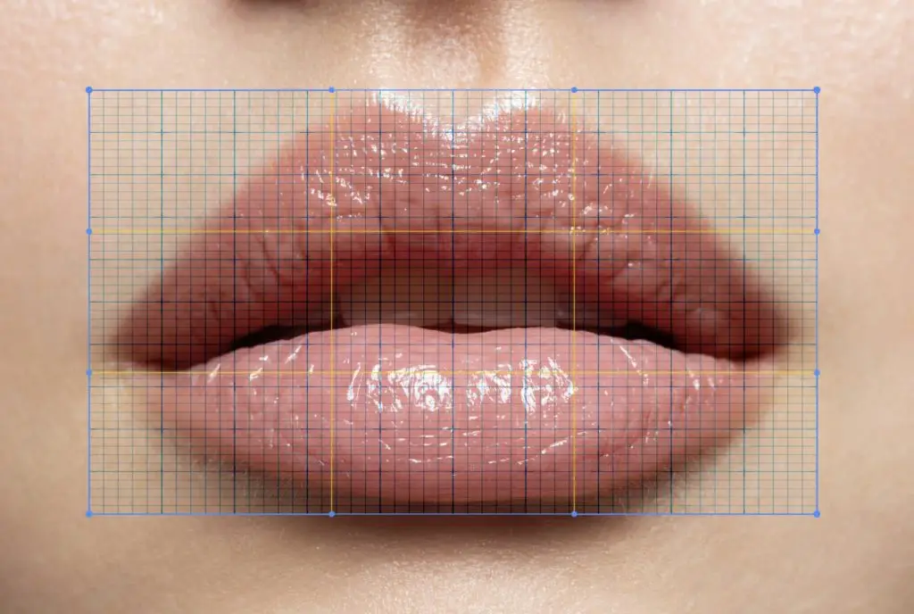 graph paper over lips, used as a blending guide