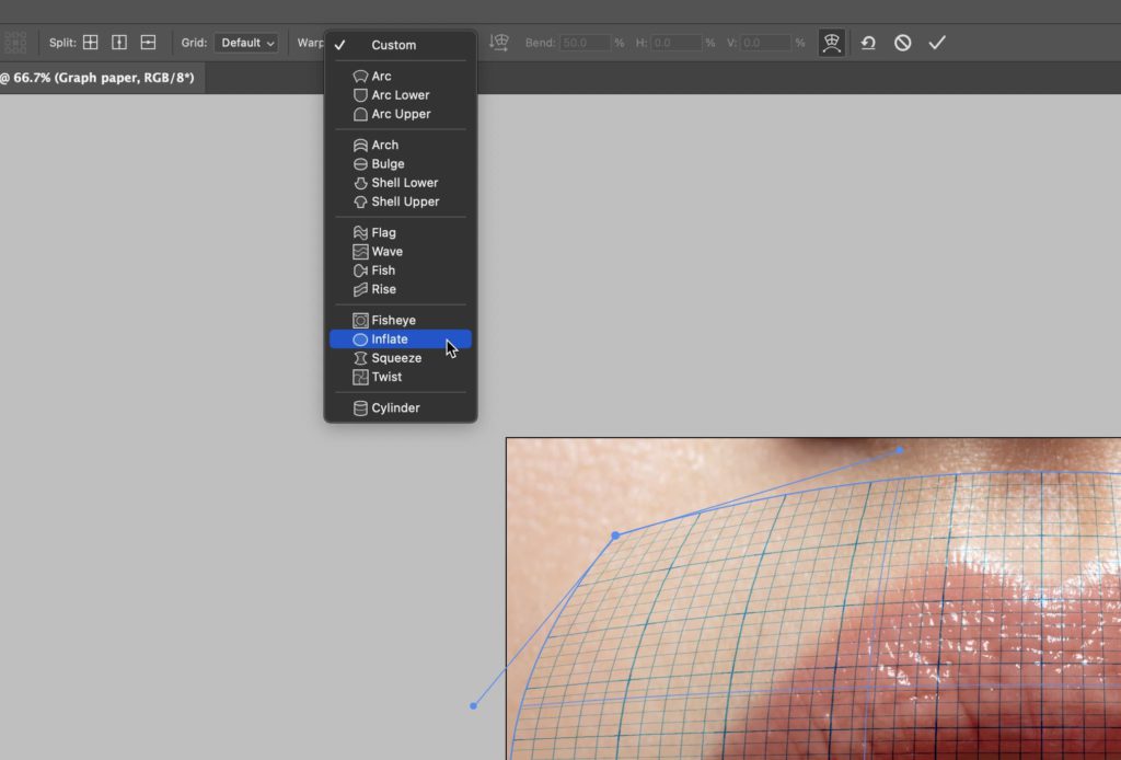 Photoshop user interface showing the Inflate option for the Warp tool